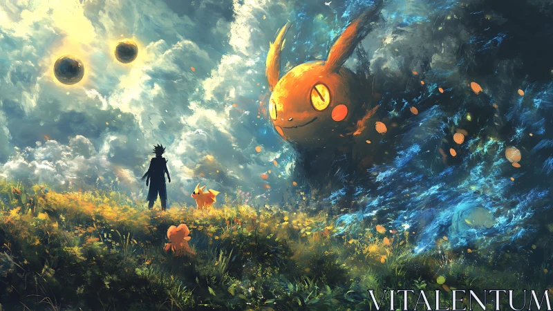 Backlit trainer confronts colossal elemental creature under twin suns