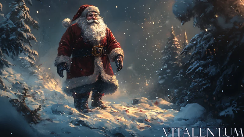 Santa Claus stands in snowy forest under warm glow.