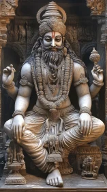 Stone sculpture shows seated bearded deity with ornate jewelry