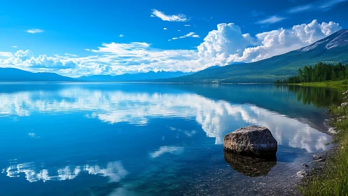 Tranquil mountain lake mirroring bright clouds and sky.