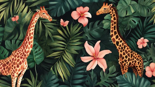 Giraffes positioned among stylized tropical foliage pattern.