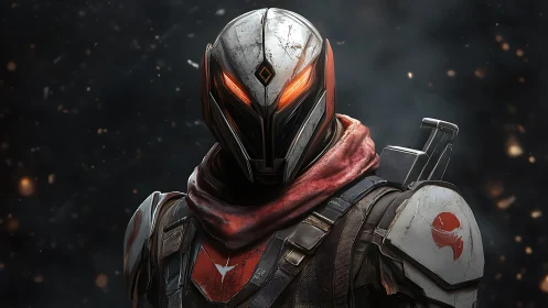 Armored sci fi ranger portrait with glowing visor eyes.