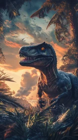 Predatory dinosaur stalks lush jungle under burning sunset sky