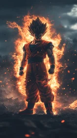 Fiery anime warrior stands in blazing inferno aura.
