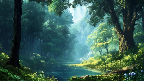 Enchanted Forest River: A Serene Sanctuary of Light and Nature.