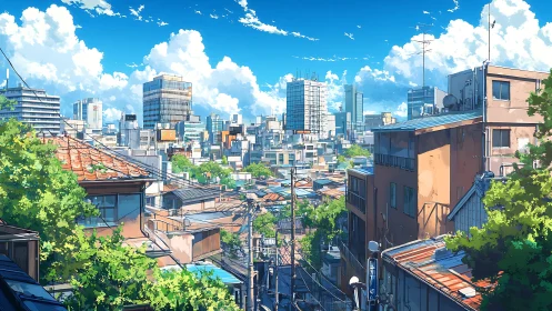 Urban residential hillside view toward modern city skyline.