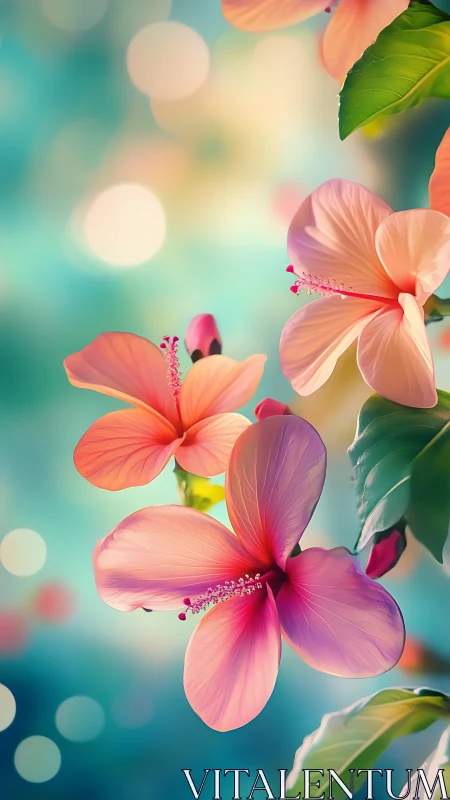 Luminous Hibiscus Blooms Against Turquoise Bokeh