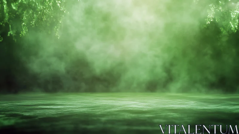 Mist-shrouded reflective water plane under diffuse green canopy