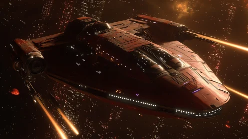 Heavily armed red starship executes strafing run through dense cityscape