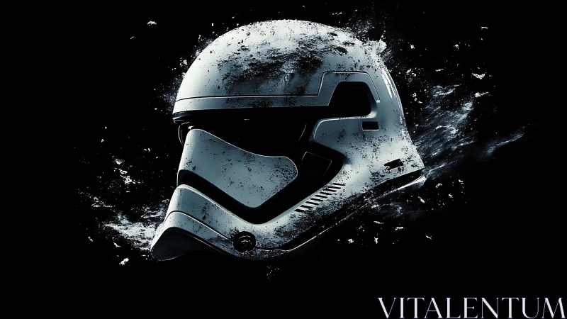 Sci-fi combat helmet dissolves into splintered particles.