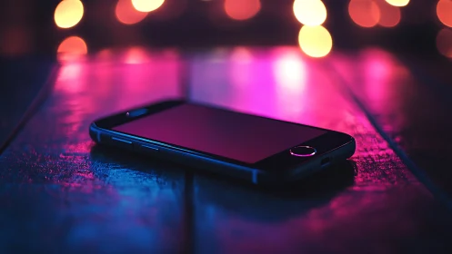 Smartphone glows with neon pink and blue ambiance.