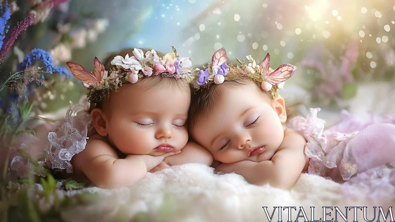 Photorealistic infant portrait in ethereal floral fantasy setting.