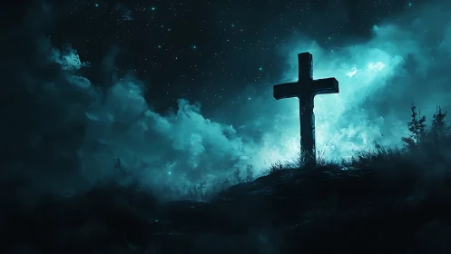 Lone midnight cross guarding a storm of teal starlight.