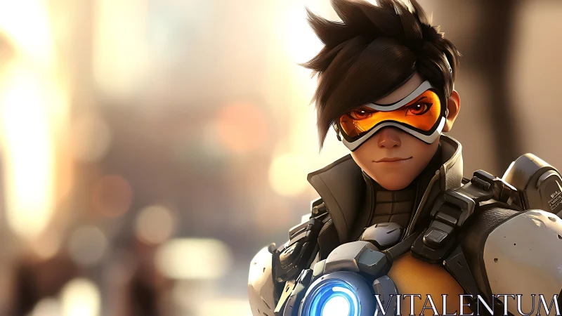 Confident cyber hero stands ready in glowing city light