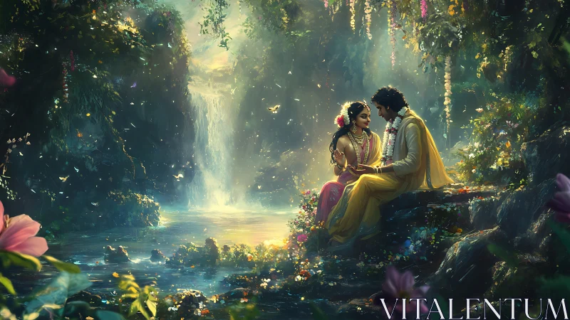 Enchanted lovers beside a luminous waterfall of eternal spring.