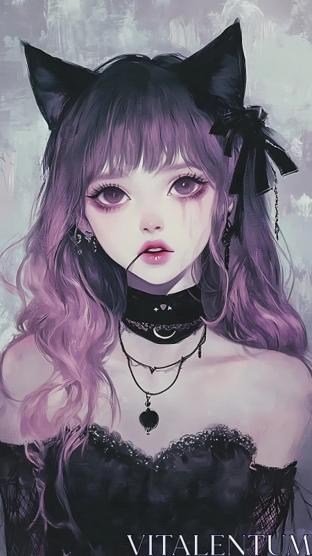 Gothic catgirl portrait in violet pastel fantasy tones.