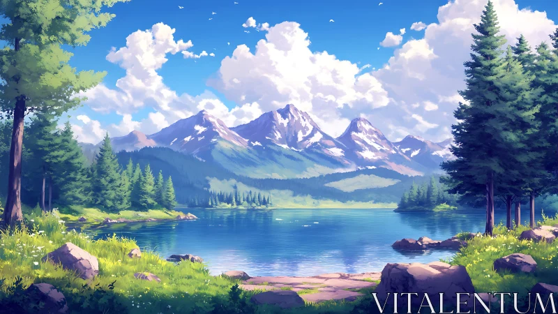 Sunlit alpine lake framed by conifer forest in digital painting