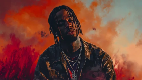 Digital portrait of man in camouflage jacket before orange sky.