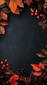 Autumn botanical border on dark textured background.