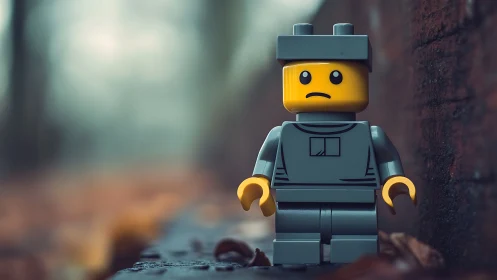 Lego-style minifigure stands on wet surface beside brick wall