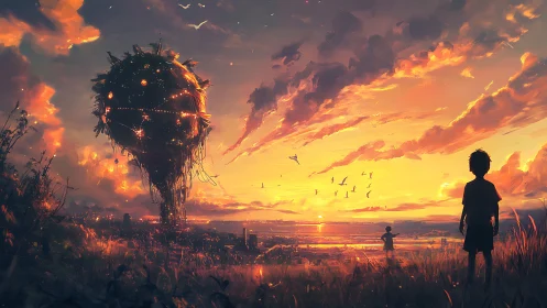 Children watching glowing floating structure at sunset