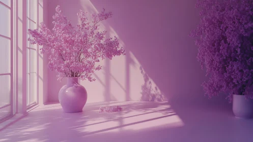 Pink floral vases by sunlit window in monochrome room.