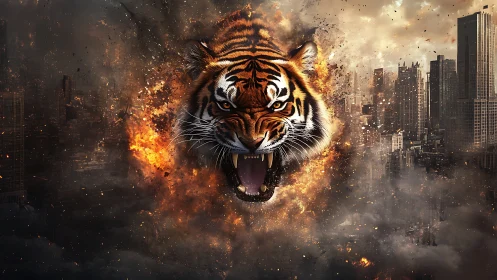 Explosive tiger projection intersecting urban skyline geometry.