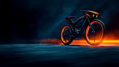 Futuristic electric bike glows against neon-lit nightscape.