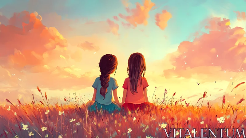 Two girls watch a luminous sunset across wildflower meadows