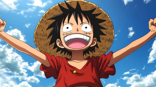 Joyful straw-hat adventurer beaming under a bright sky.
