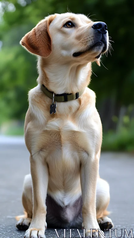 Golden labrador portrait in shallow depth of field outdoors.