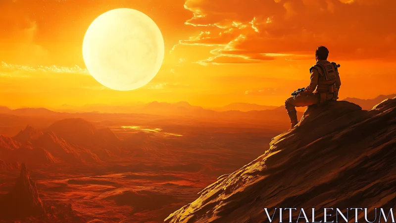 Astronaut overlooks molten desert under colossal setting sun.