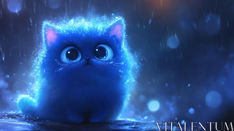 Glowing blue kitten brightens a rainy night with soft magic.