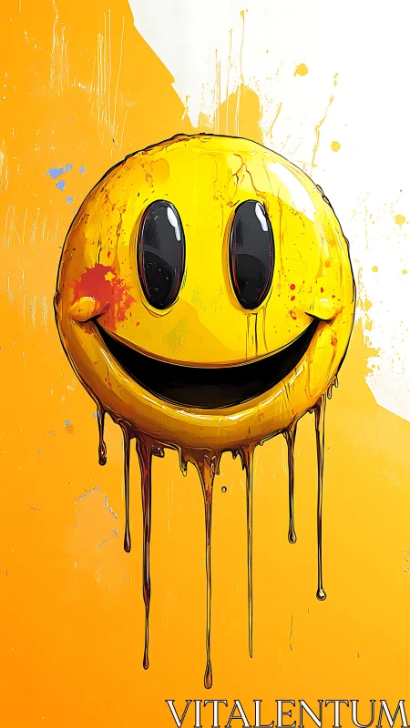 Melting yellow smiley face drips over bright orange background