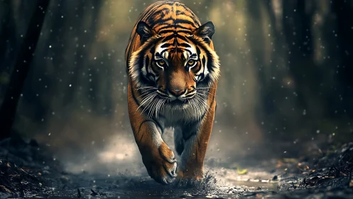 Low-angle frontal tiger stride through wet forest path in rain
