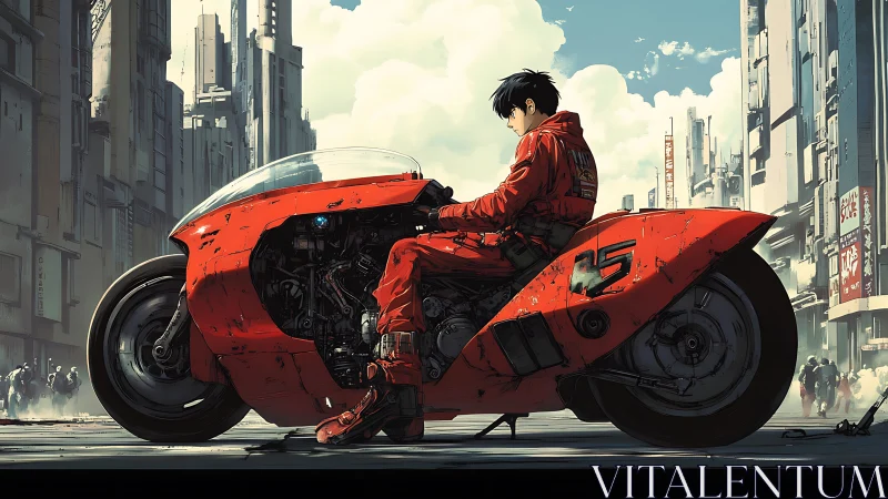 Rider on red futuristic motorcycle pauses in dense city street