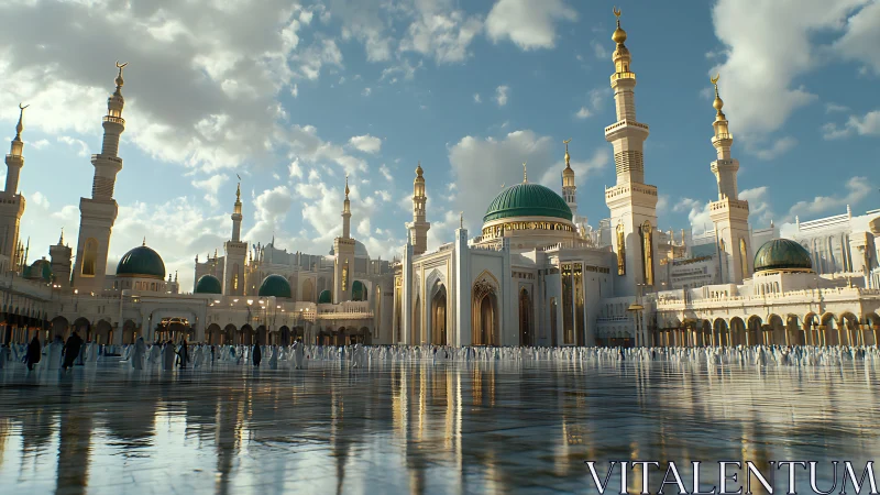 Emerald domes gleam above a luminous sacred courtyard skyline.