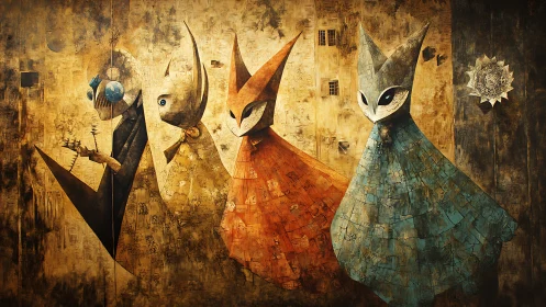 Mask-legged wanderers drift through rusted paper light.