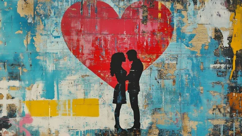 Couple silhouette stands before large red heart graffiti mural