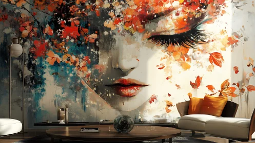 Soft autumn portrait gently transforms a modern living room wall