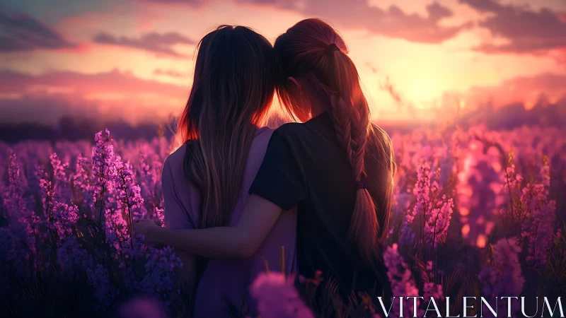 Two friends embracing in a lavender field at sunset, dreamy style.