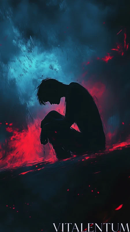 Silhouetted figure in triadic neon haze and emotive contrast.