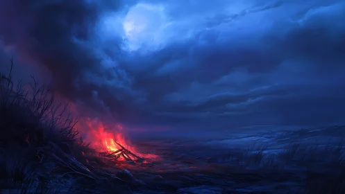 Nocturnal Campfire Beneath Tempestuous Storm Clouds.