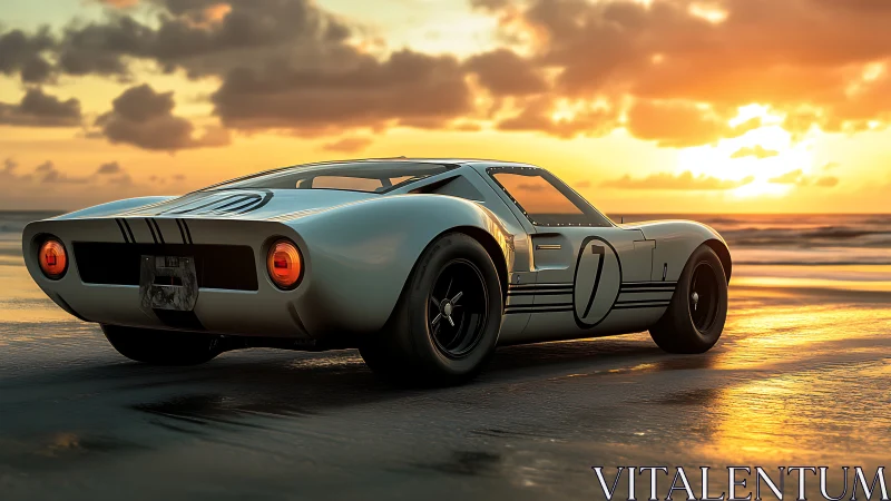 Vintage race car glows against a vivid ocean sunset.