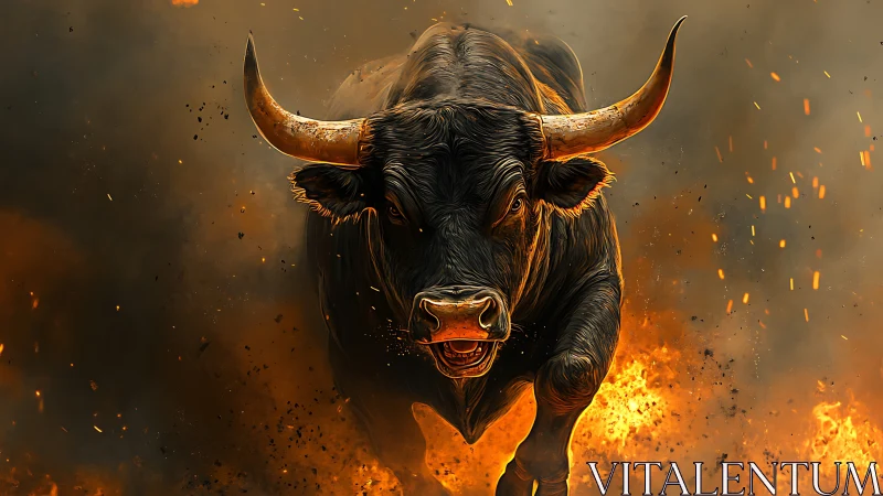 Charging bull erupting through swirling firestorm clouds.