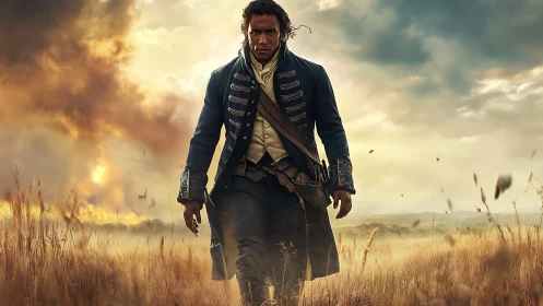 Historical soldier walks through burning field under cloudy sky