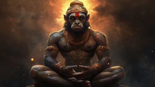 Simian sage crowns molten dusk with ember-bright stillness