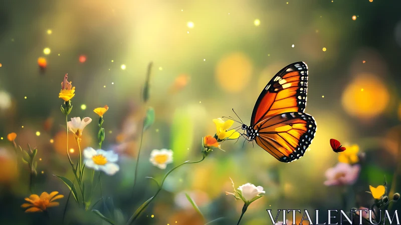 Sunlit monarch drifts through spark-lit meadow hush.