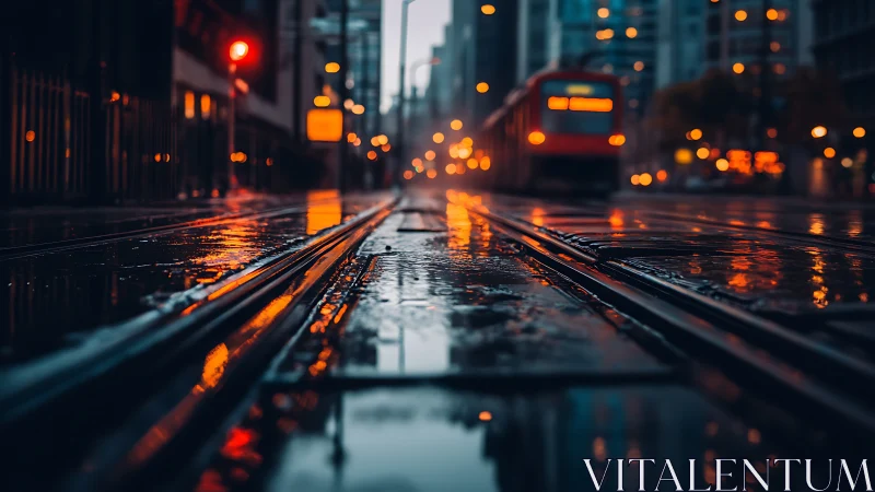 Rain-soaked city tram tracks glow under moody evening lights