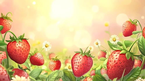 Strawberry field with daisies under diffuse bokeh sunlight.